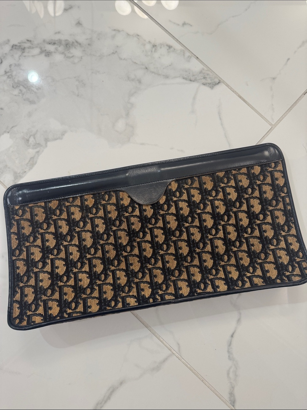 Vintage Christian Dior Oblique Trotter Jacquard Portfolio Clutch Navy Beige